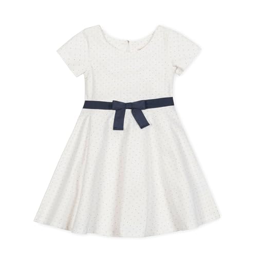 Hope & Henry Girlsâ€™ Organic Cotton Knit Skater Dress â€“ GOTS-Certified Short Sleeve Fit & Flare Dress with Bow Waist & Gold Button Keyhole Back White 3