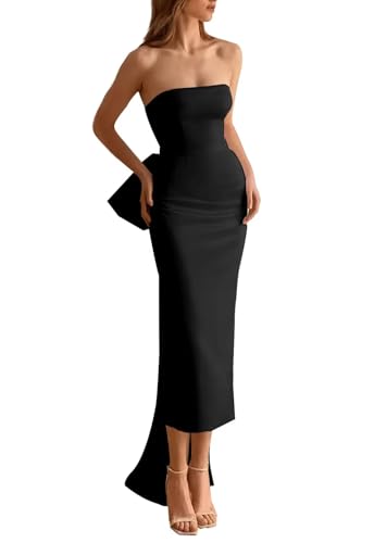 SHANDUAO Womens Midi Satin Wedding Dresses for Bride Strapless Bow Formal Evening Prom Praty Gowns with Slit PD079