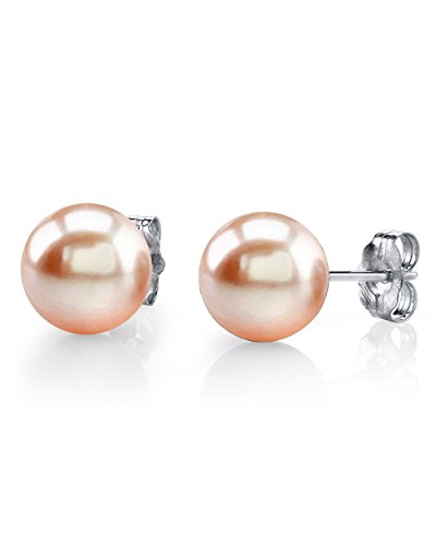 Image of THE PEARL SOURCE Real Freshwater Pearl Stud Earrings for Women, 14K Yellow Gold AAAA Genuine Cultured Freshwater Pearls, Peach Pearl Jewelry Gift for Women, Hypoallergenic Fine Jewelry