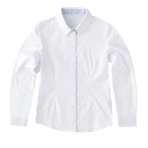 eton kidd Girls Cotton Oxford Long Sleeve Shirt Stripe Placket Square Collar Pearl Style Buttons