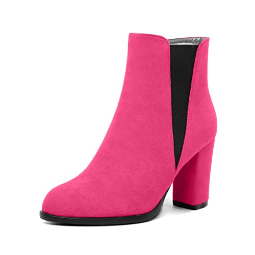 YODEKS Block Heel Ankle Boots Women's Round Toe Chunky High Heel Ankle Boots Side Zipper Elastic Gore Chelsea Booties Shoes With Fur