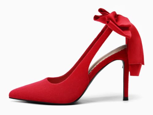 Image of Coutgo Womens Slingback High Heels with Bow Closed Pointed Toe Wedding Bride Dress Shoes Satin Pumps