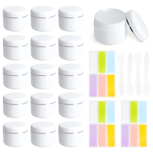 15 Stück Cremedosen zum Befüllen 50ml Set,Kosmetikdosen mit Schraubverschluss Cremetiegel Salbendosen mit 4 Spateln & 3 Etiketten Leere Creme Tiegel für DIY Kosmetik Reise & Aufbewahrung