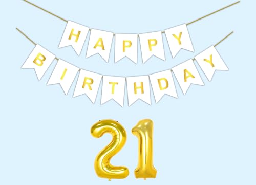 Image of 21st Happy Birthday Decoration Kit White for 21 year Old Boys Girls Men Women with Number Twenty-one Party Decorations Decor Celebration Items Item Set Combo Reusable Paper Banner