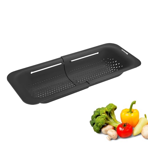 Westmark Colador para fregadero, Colador extensible para escurrir frutas, verduras y platos, Práctica bandeja de goteo, Gris, 36-49 cm