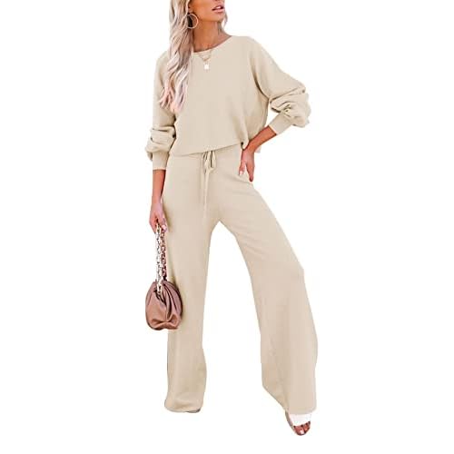 Pink Queen Women's 2 Piece Outfit Sweater Set Long Sleeve Crop Knit Top and Wide Leg Long Pants Sweatsuit Beige X-Large