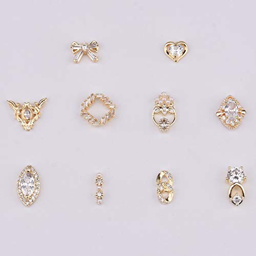 Crystal Nail Gemstone Zircons Metal 3d Nail Art Decoration Gold Heart Bow tie Charm Rhinestones Accessories 10pcs