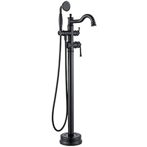 Freestanding Floor Mount Tub Filler with Handheld Shower Roman Bathtub Faucet by Matte Black Finish, Swivel Spout with Brass Rough-in and Water Hose