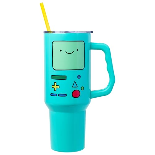 Image of Silver Buffalo Adventure Time Featuring BMO Double Walled Stainless Steel Tumbler with Handle and Straw, Fits in Standard Cup Holder, 40 Ounces