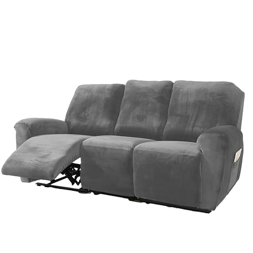 NORTHERN BROTHERS Velvet 8PCS Recliner Sofa Cover 3 Seater, Stretch Non-Slip Couch Cover, Washable Pet & Kid Friendly Reclining Sofa Slipcover, Light Grey by NORTHERN BROTHERS - Used condition - US$36.87