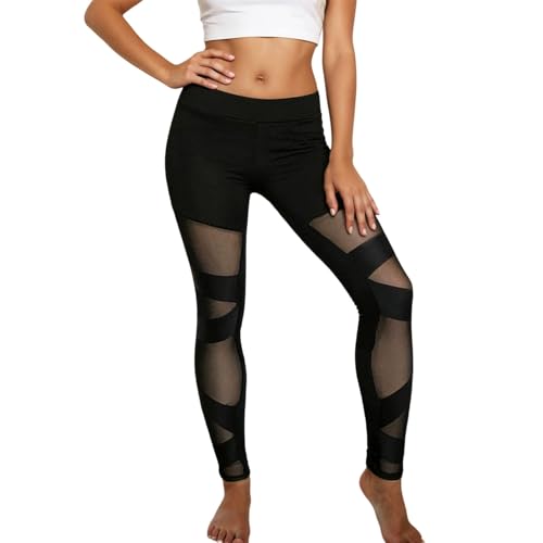 Legging 2026 pour femme en maille transparente - Pantalon de yoga extensible avec panneau transparent pour entraînement et danse, Noir , XL