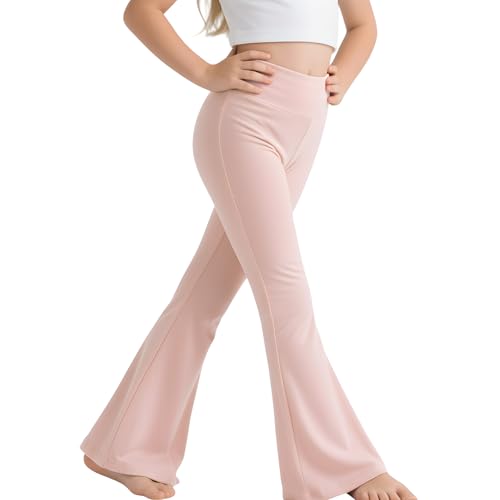 Sahunfri Girls Flared Leggings High Waisted Tummy Control Yoga Pants for Kids, Breathable Stretchy School Trousers Suitable for Dance (UK, Age, 9 Years, 10 Years, Regular, Pink)