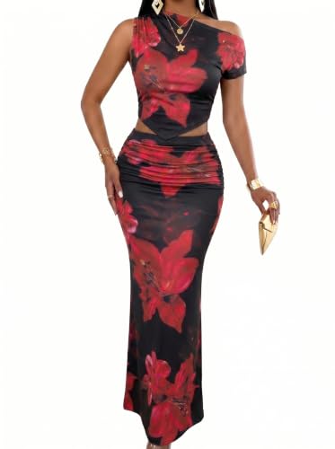 Image of BARASA Two Piece Sets For Women Summer Vacation Sexy Bodycon Outfits DS75 | Elegant Asymmetrical One Shoulder Crop Top And Ruched High Waist Long Maxi Skirt Set For Women Summer Vacation