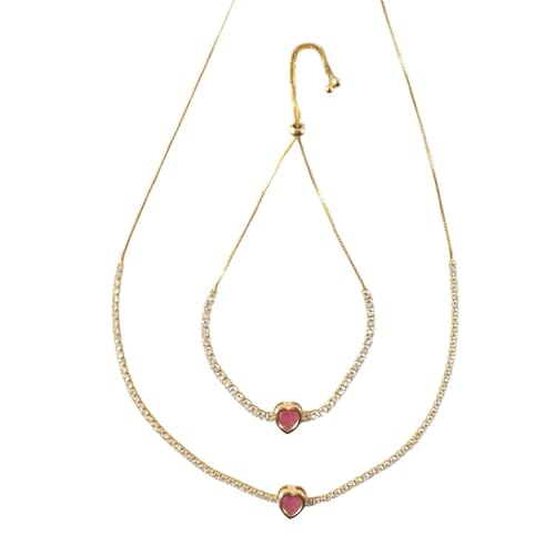 Corrente Colar e Pulseira Gravata com Pingente Coração Conjunto Feminino Banhado a Ouro 18k Luxo e Delicadeza (Rosa)