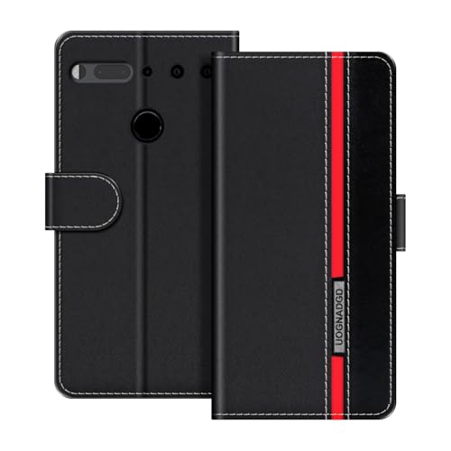 UOGNADGD Lederhülle Kompatibel mit Essential Phone PH-1 Klappbares Portemonnaie-Hülle mit Magnetverschluss Ständer & Kartenfächern stoßfestem Schutz (Schwarz)
