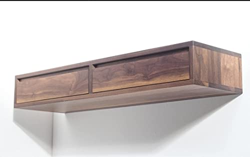 Image of Solid sheesham Wood Floating Study Table with 2 Drawers Storage for Students Laptop Office Desk Wooden Wall Mount Storage Workstation Writing Tables for Study Room Furniture - Natural Finish