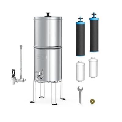 Waterdrop Alkaline Gravity-fed Water Filter System, Increase PH, Reduces Fluoride and up to 99% of Chlorine, with 4 Filters,Metal Spigot,Stainless Steel Stand and Sight Glass Spigot