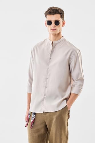 Image of SNITCH Men Casual Shirt | Oversized Fit Full Sleeve Mandarin Collar Solid Design | Modal Blend & Breathable Fabric for Everyday Wear & Semi-Formal Occasions