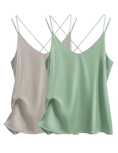 Image of Ekouaer Womens 2-Pack Silk Satin Camisole Tank Top V Neck Sexy Cross Back Spaghetti Strap Cami Sleeveless Lounge Tops S-XXL