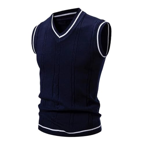 Men's V-Neck Sleeveless Sweater Matching Lined Vest Men's Top(Blue,X-Large)