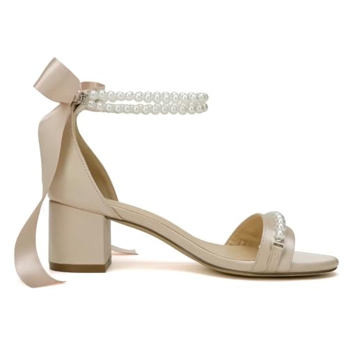 Image of Block Heel Wedding Sandals, Pearl Embellished Ankle Strap, Low Heel Bridal Shoes for Women, Size EU 36-41