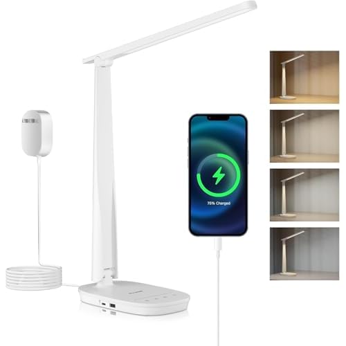 HONEYWELL LED Desk Lamp - HWT-H2 Sunturalux™ Eye-Caring Foldable Desk Light with USB A+C Dual Charging Port 4 Color Modes Dimmable Table Lamp for Home Office Bedroom Reading Study Work - Whi