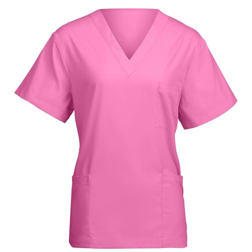 AUYAO Unisex Kasack Medizinische Uniformen OP Kasack Schlupfkasack Pflege Kasacks Damen Kurzarm Medizin Uniform V-Ausschnitt Berufskleidung für Arzt Krankenschwester Krankenpflege Altenpflege (Rosa,M)