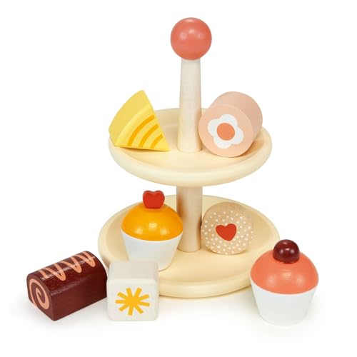 Mentari Toys - Cupcake Stand - 8pc Wooden Tea Party Set with Stand - Pretend Play Sweet Treats - Play Food Kitchen Accessories - Imaginative Play Set for Toddlers - Age 3+