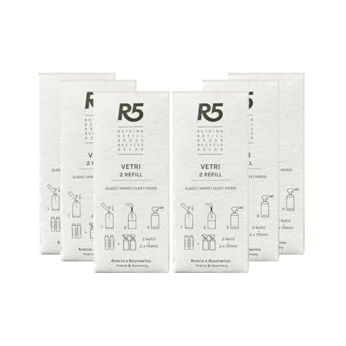 R5, Multipack 12 Refill Vetri, Detergente Vetri, Ideale per la Pulizia di Vetri, Cromature e Cristalli, Fragranza Acacia e Rosmarino, Soluzione Eco-Formato, Vegan, Cruelty Free, Made in Italy