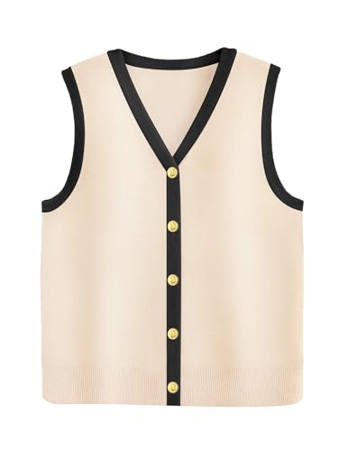 Image of Zeagoo Women's Sleeveless Sweater Vest White Button Down Shirts for Women Summer Knit Tank Tops Black Beige Color Block Large