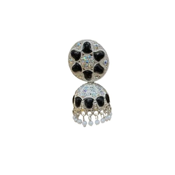 Women's Elegant Black Silver Polished Jhumka Traditional Kundan Chandbali Earrings Studded Drop Earrings for Women Classic Earrings Indian Jhumka 1 Pair - Image 4