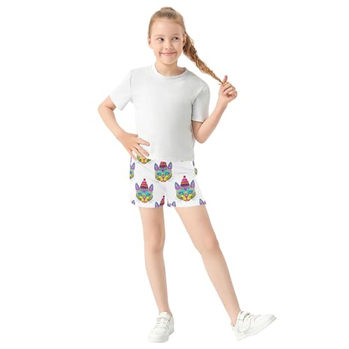 Girls Athletic Shorts Colorful Cat Faces White Print Kids Summer Casual Activewear Comfy Pajama Clothes, X-Small2