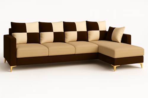 Image of CASASTYLE Brogan 5 Seater Fabric RHS L Shape Sofa Set (Beige-Brown) in Premium Velvet Finish | Durable Comfort | Ideal for Living Room