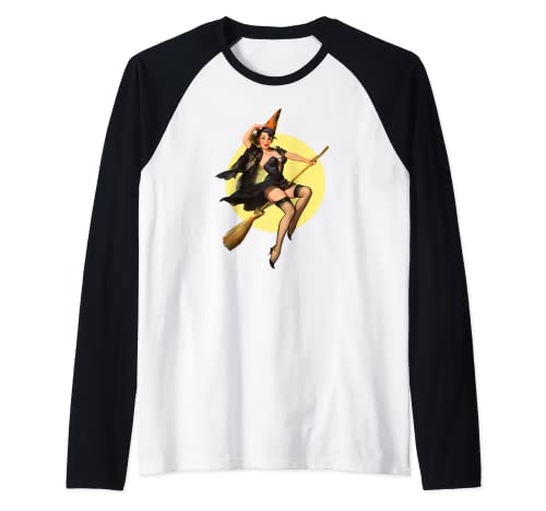 Flying Witch on Broom Halloween Sexy Witch Pin Up Girl Maglia con Maniche Raglan
