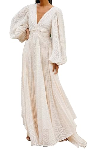 Qikaka Women's Long Puff Sleeve Deep V Neck Ribbed A-Line Sexy Nightclub Party Long Dress