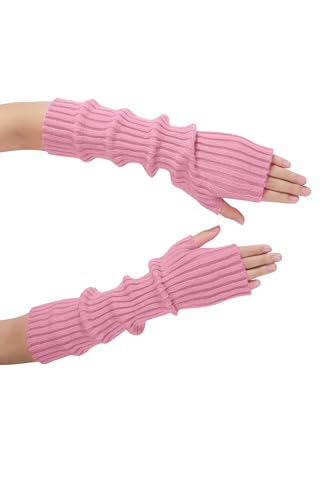 Classic Arm Warmers, Fashion Winter Long Fingerless Gloves Knit Mitten Gloves Wrist Warmer with Thumb Hole for Women, Stretchy Arm Sleeves for Women, Pink