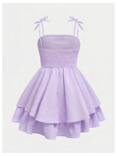 Image of SHENHE Girl's Smocked Ruched A Line Swing Dress Layered Tie Shoulder Flowy Cami Short Dress