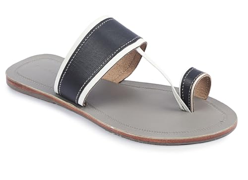 KORAKARI Men's Regular Wear Kolhapuri Chappal handmade Leather Grey Base White Blue Upper Smooth and Stylish Durable Comfortable Flip Flops Anti Slip Design slippers Traditional Indian Footwear