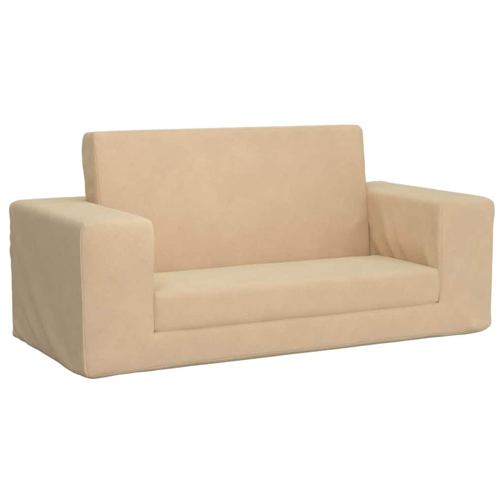 Dziecięca sofa do spania 2-osobowa, kremowa, miękki plusz ze zdejmowaną poszewką i wypełnieniem piankowym, do pokoju dziecięcego, zabawy i spania, kompaktowa, bezpieczna i łatwa w utrzymaniu