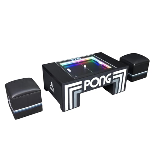 Atari Pong® Mechanical Table Home Edition w/ Two Atari Stools – Electromechanical Coffee Table Arcade Game with LED Score Display, Hide-Away Controls, Spinner Dials, Retro Sounds
