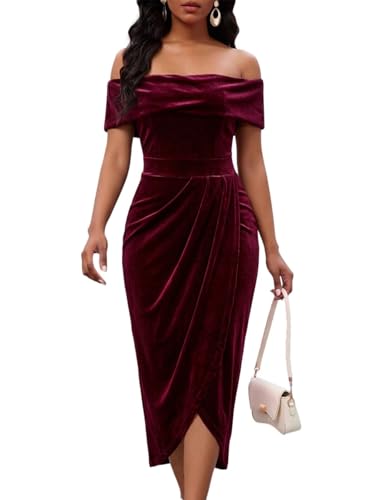 Off-the-Shoulder Vintage Velvet Bodycon Midi Dress for Women Wrap Slit Elegant Cocktail Party...