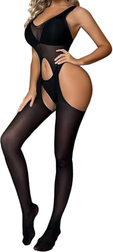Bommi Fairy Frauen Sexy Ganzkörperstrümpfe Elastische Einteiler Nylon Strumpfhosen Dessous Shapewear Durchsichtige Clubwear Bodysuits (Schwarz)