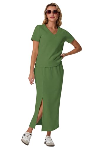 Image of GRECERELLE Women Summer Casual 2 Piece Sets V-Neck Wrinkle-Free Top & Elastic Waist Midi Side Slit Skirt with Pockets