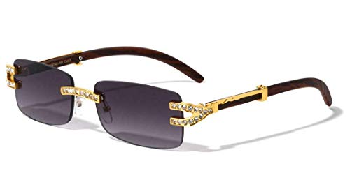 Dweebzilla Executive Slim Rimless Rectangular Rhinestone Metal & Faux Wood Luxury Sunglasses
