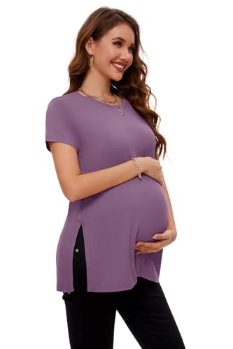 Smallshow Ropa de Maternidad Manga Corta Side Split Tops Embarazada,Misty Lilac,M