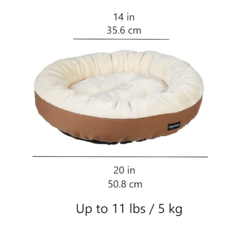 Image of Amazon Basics Round Bolster Pet Bed for Dog or Cat with Flannel Top, 20.0 inch L x 20.0 inch W x 6.0 inch Th, Up to 11lbs, Brown and Ivory