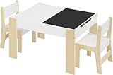 Lestarain Juego de Mesa Infantil con Cajones de Almacenamiento, con 2 Sillas de Madera Pizarra para Sala de Juegos Habitación de Niños, 81,5 x 60,5 x 48 cm, Blanco y Natural