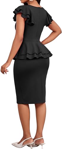 Image of Dresses for Women Elegant Long Sleeves Ruffles Pencil Knee Length Split Business Dress with Belt Zipper