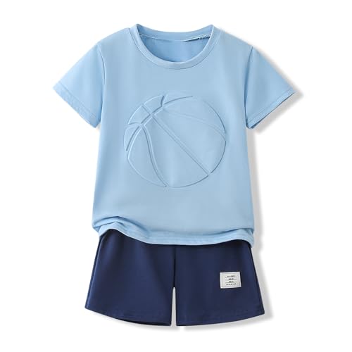 Image of Boys 2 Piece Outfits Short Sleeve Basketball Pattern T-Shirt and Shorts Summer Clothes for Kids 5-12 Years
