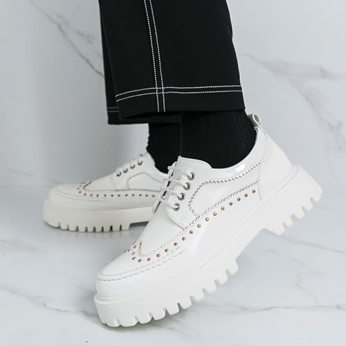 Image of Men's Patent Leather Platform Wingtip Oxford Shoes with Rivets Round Toe Lace Up Lug Sole Brogue Dress Shoes Comfortable Business Work Causal Derby Oxfords